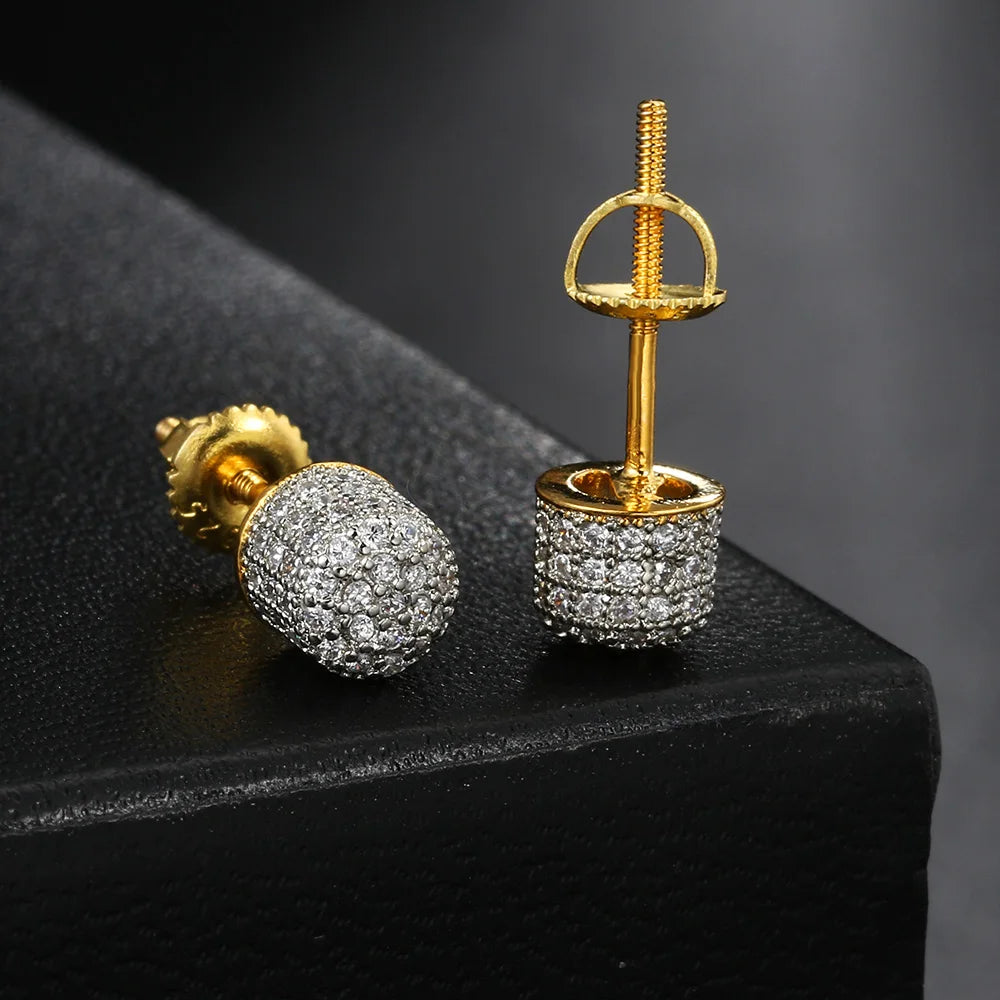 Iced Out Cylindrical Stud Earrings — Gold