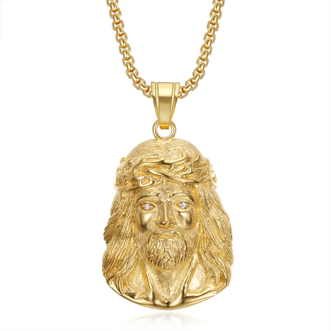 Religious Iced Out Bling Christ Jesus Head Pendant Stainless Steel Cubic Zirconia Christian Necklace for Women Men Jewelry Gift