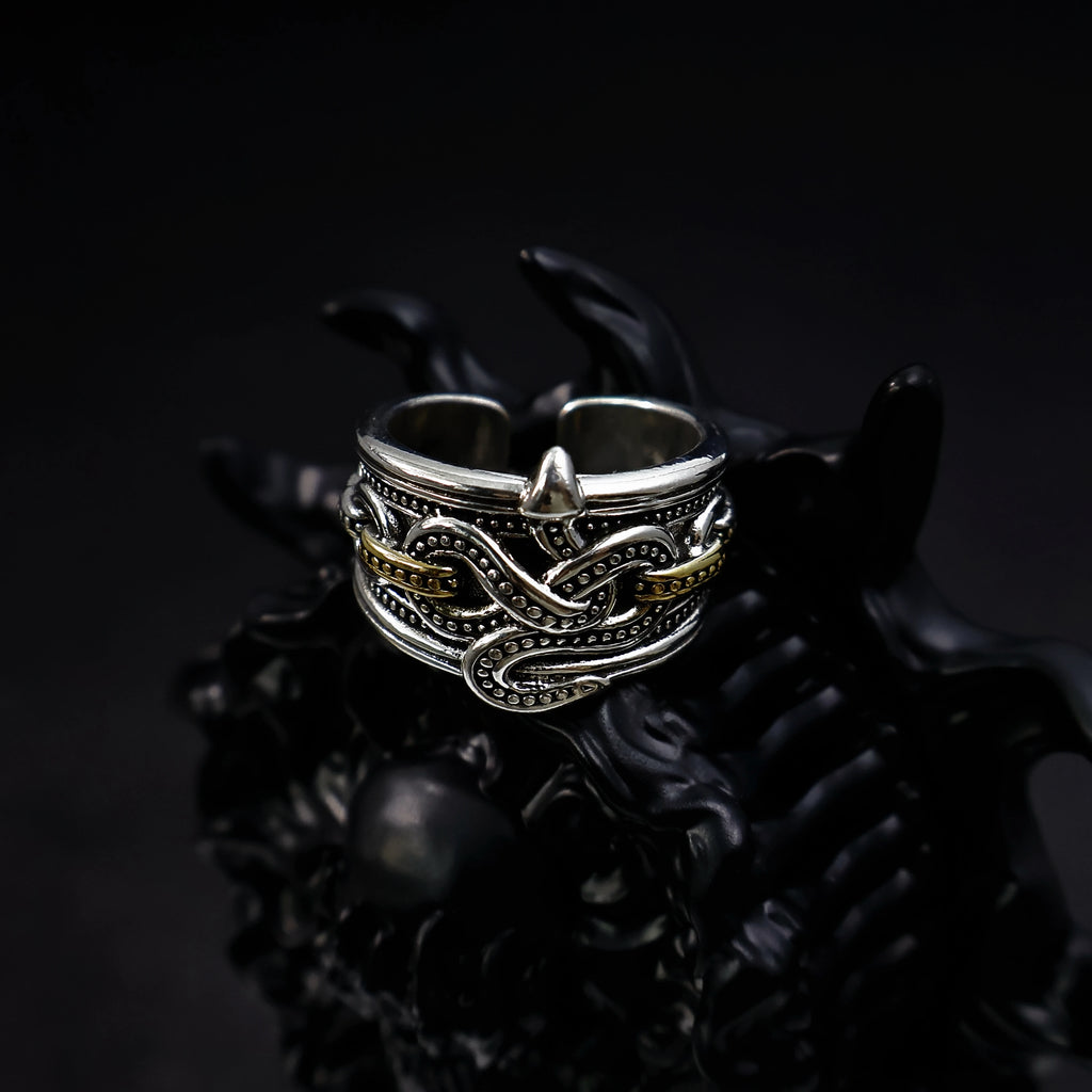 Retro Chained Snake Adjustable Open Ring For Men Silver-plated Copper Gothic Punk Edgy Indie Jewelry Niche Accessories
