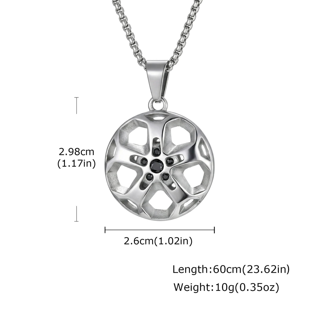 Creative Unique Wheel Hub Pendant Necklace Inlaid Cubic Zircon Stainless Steel Necklace Fashion Punk Jewelry for Men Gift