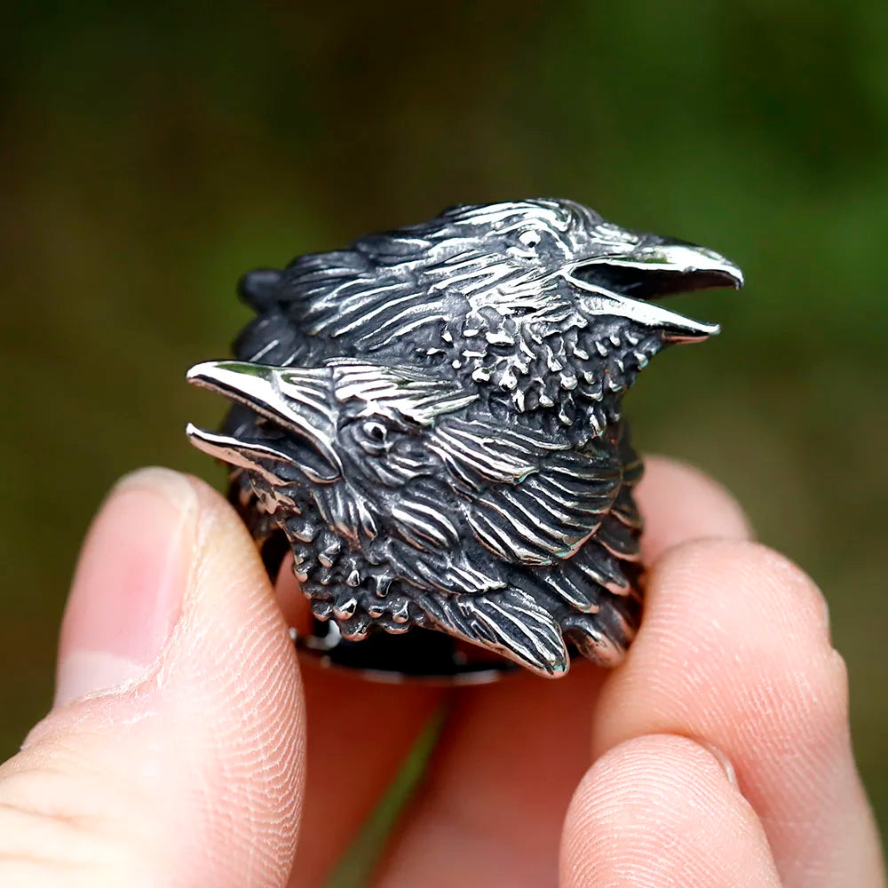 2023 NEW Men's 316L Stainless Steel Rings Nordic VIKING Odin Double Headed Bird Headed Animal Ring Amulet Jewelry Free