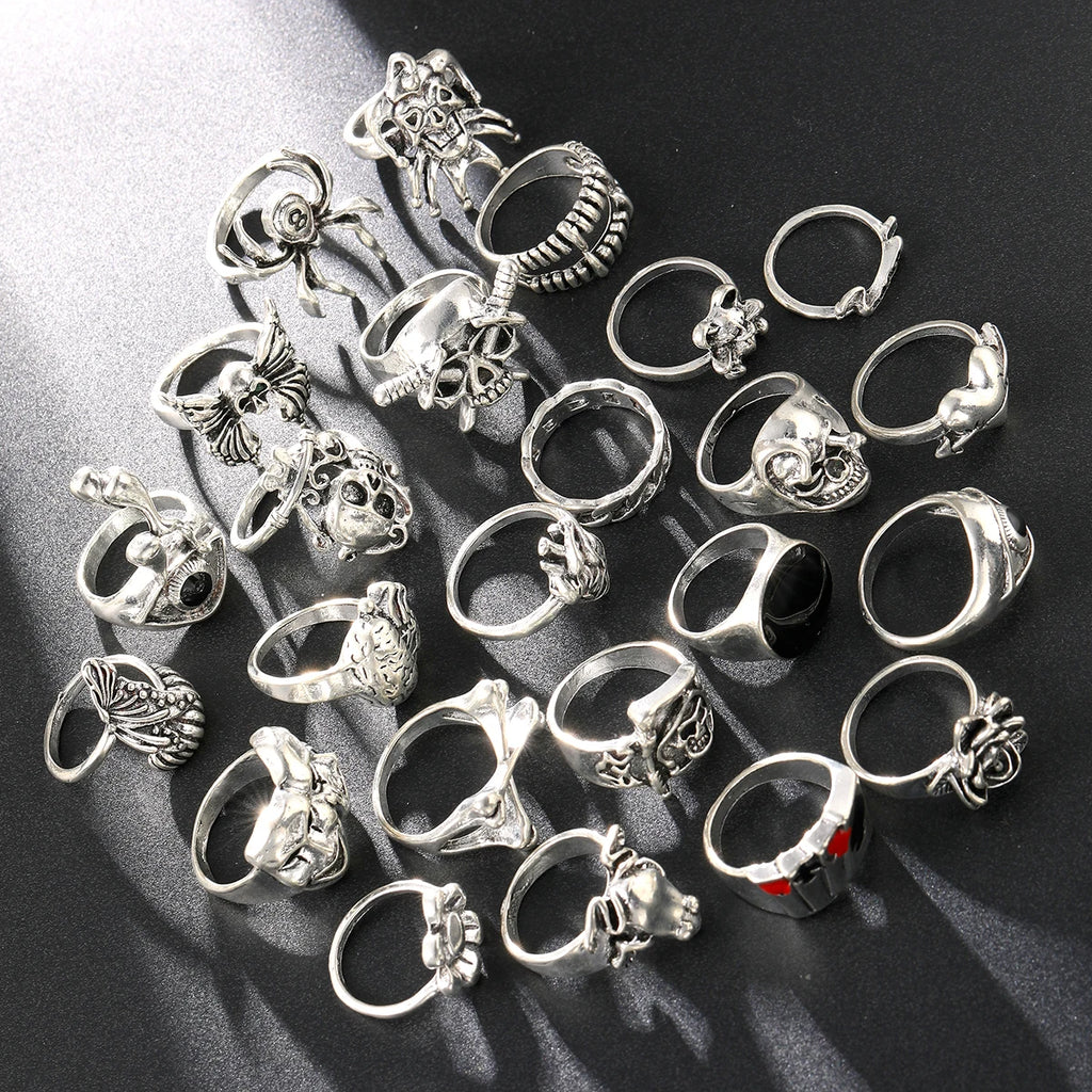 24 Pcs Gothic Skeleton Unisex Ring Set Punk Grunge Butterfly Frog Woman Man Jewelry Hip Hop Party Street Ring