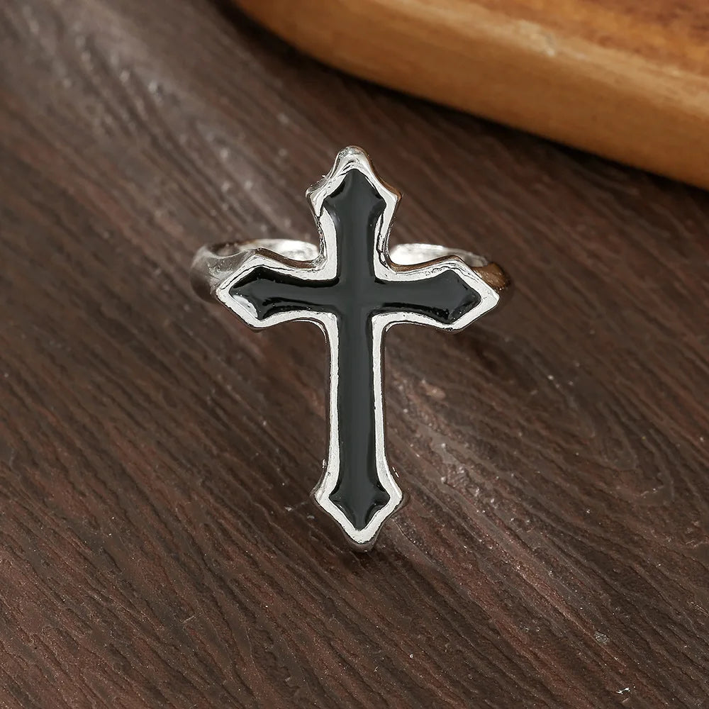 Gothic Vintage Big Cross Open Ring — Black-Tone