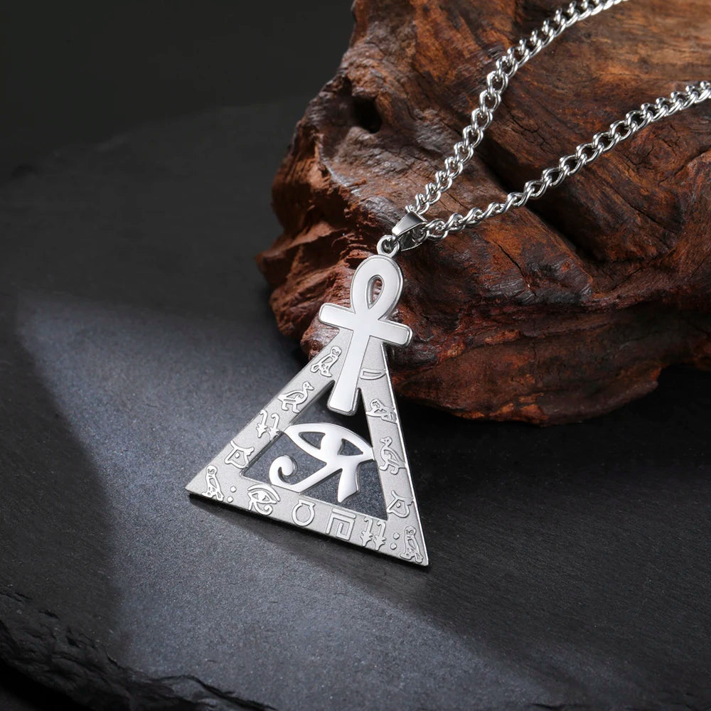 Ankh Cross Eye of Ra Necklace Egyptian Hieroglyphs Pyramid Pendant for Men Women Stainless Steel Spiritual Protection Jewelry