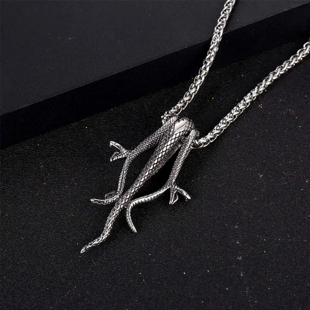 Retro Gothic Three Headed Long Snake Pendant Necklace Stainless Steel Punk Biker Snake Necklace For Men Women Fashion Jewelry