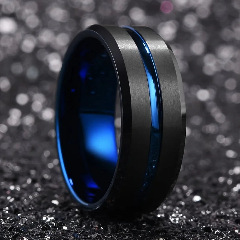 Fashion Men's Stainless Steel Rings 8mm Classical Black Blue Groove Beveled Edge Wedding Engagement Anniversary Jewelry