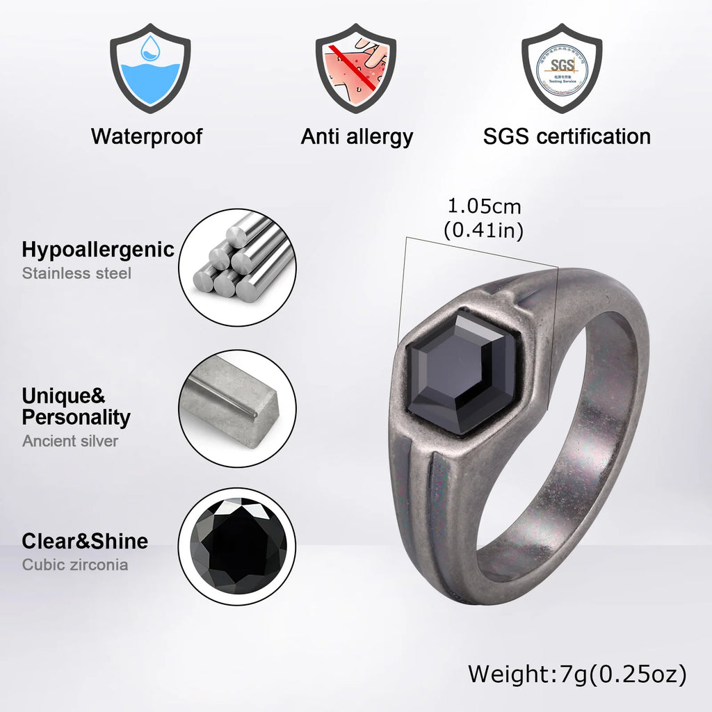 Punk Vintage Gray Stainless Steel Rings for Men Hexagon Black Zircon Ring Hip Hop Fashion Waterproof Finger Jewelry Party Gifts