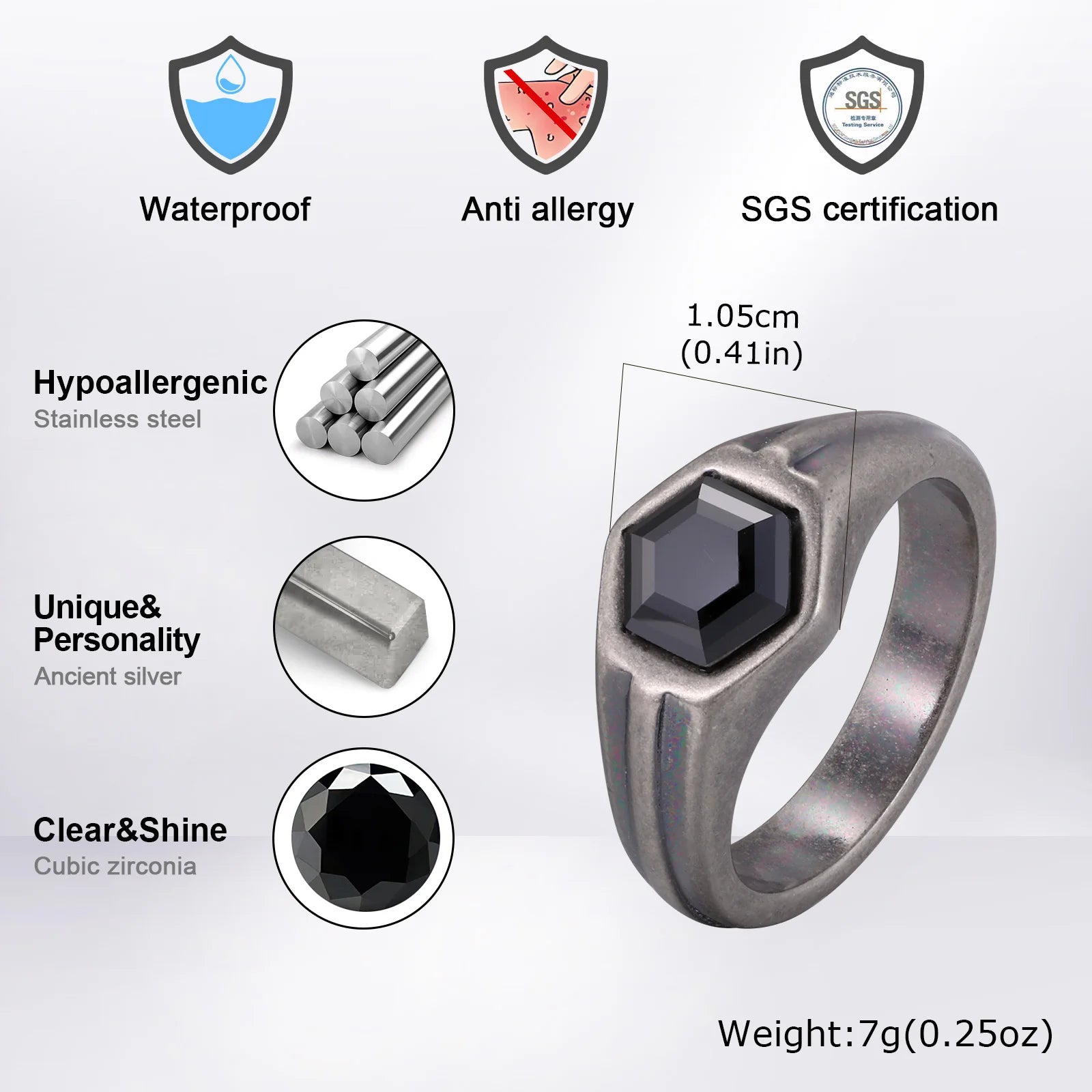Punk Vintage Gray Stainless Steel Rings for Men Hexagon Black Zircon Ring Hip Hop Fashion Waterproof Finger Jewelry Party Gifts