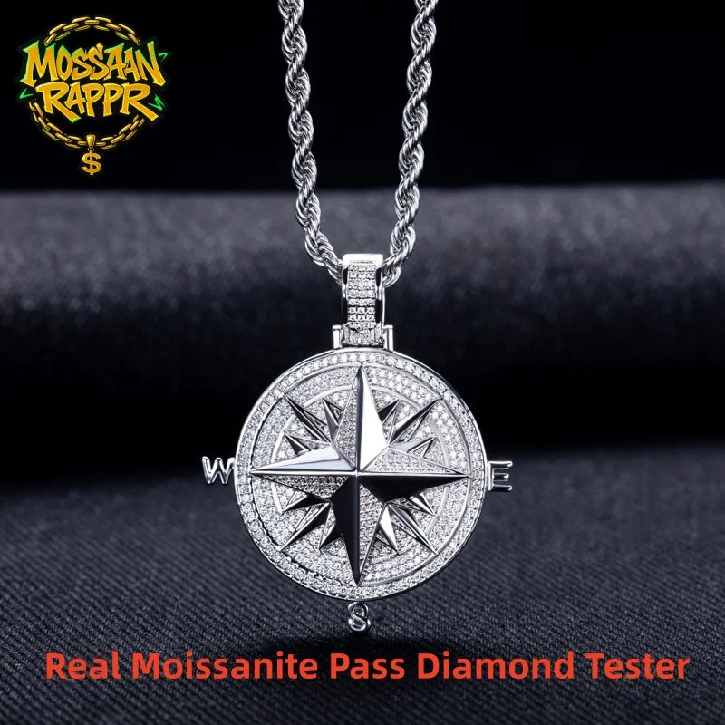 Iced Out Compass Pendant — 14K Gold