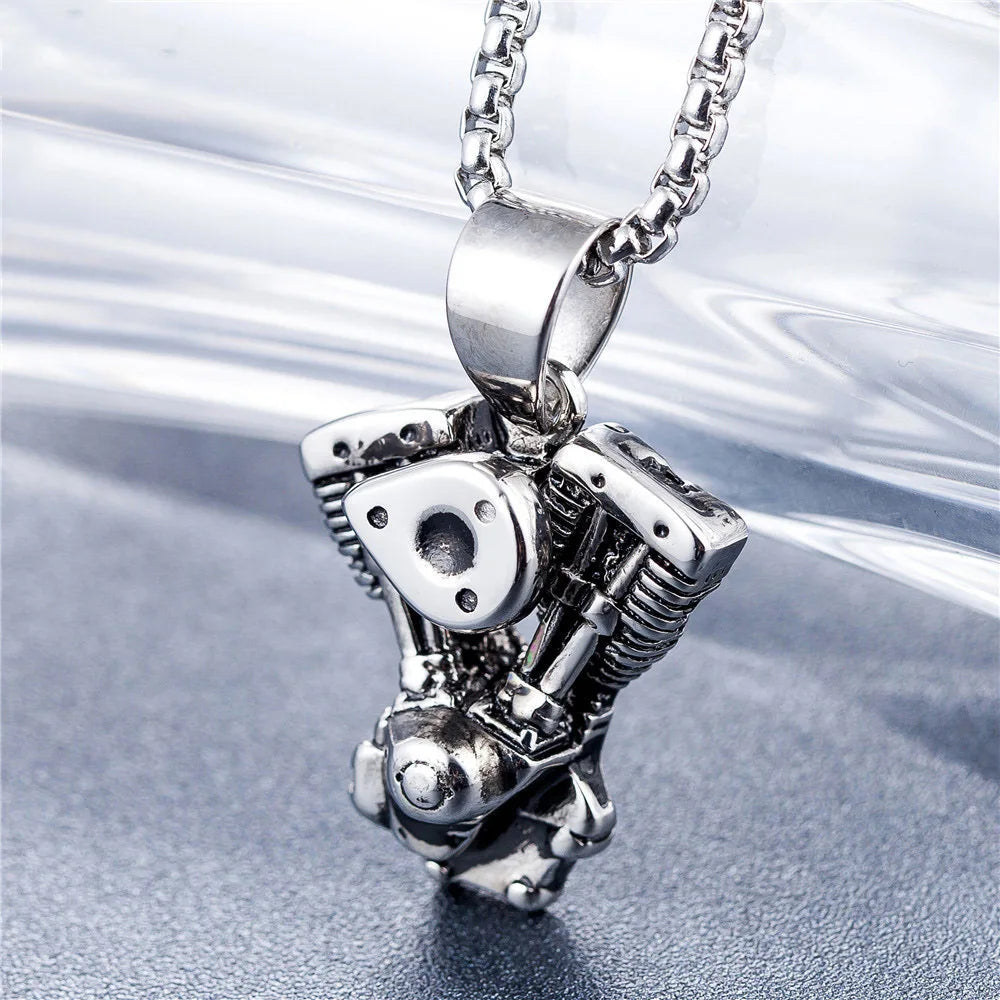 Silver Engine Pendant Necklace Stainless Steel