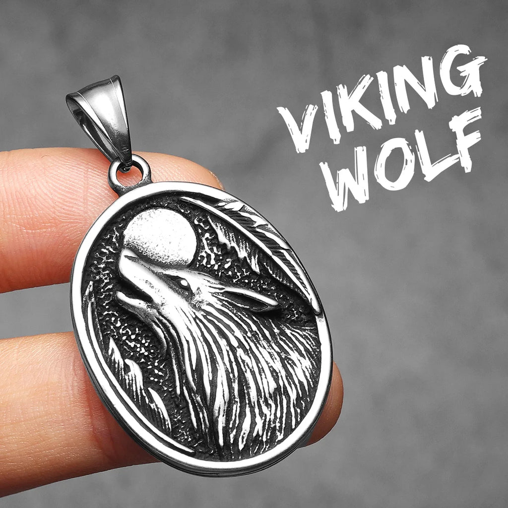 Full Moon Wolf Compass Pendant Necklace — Stainless Steel