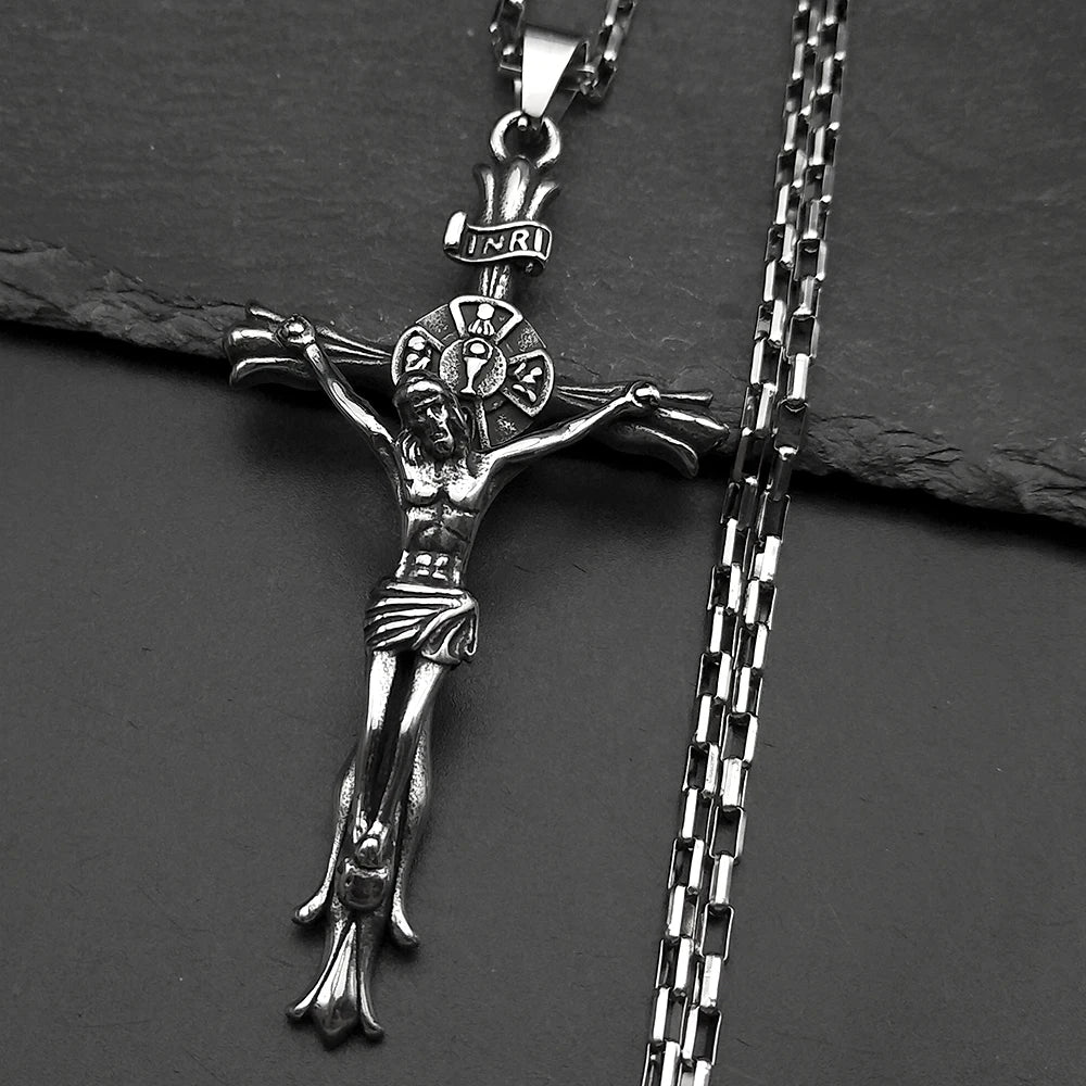 Big INRI Jesus Crucifix Cross Pendant Necklace — Stainless Steel