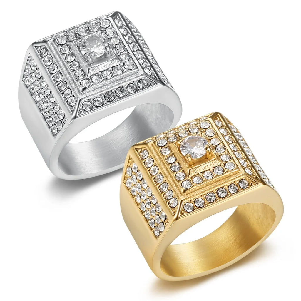 Iced Out Crystal Zircon Square Ring — Stainless Steel
