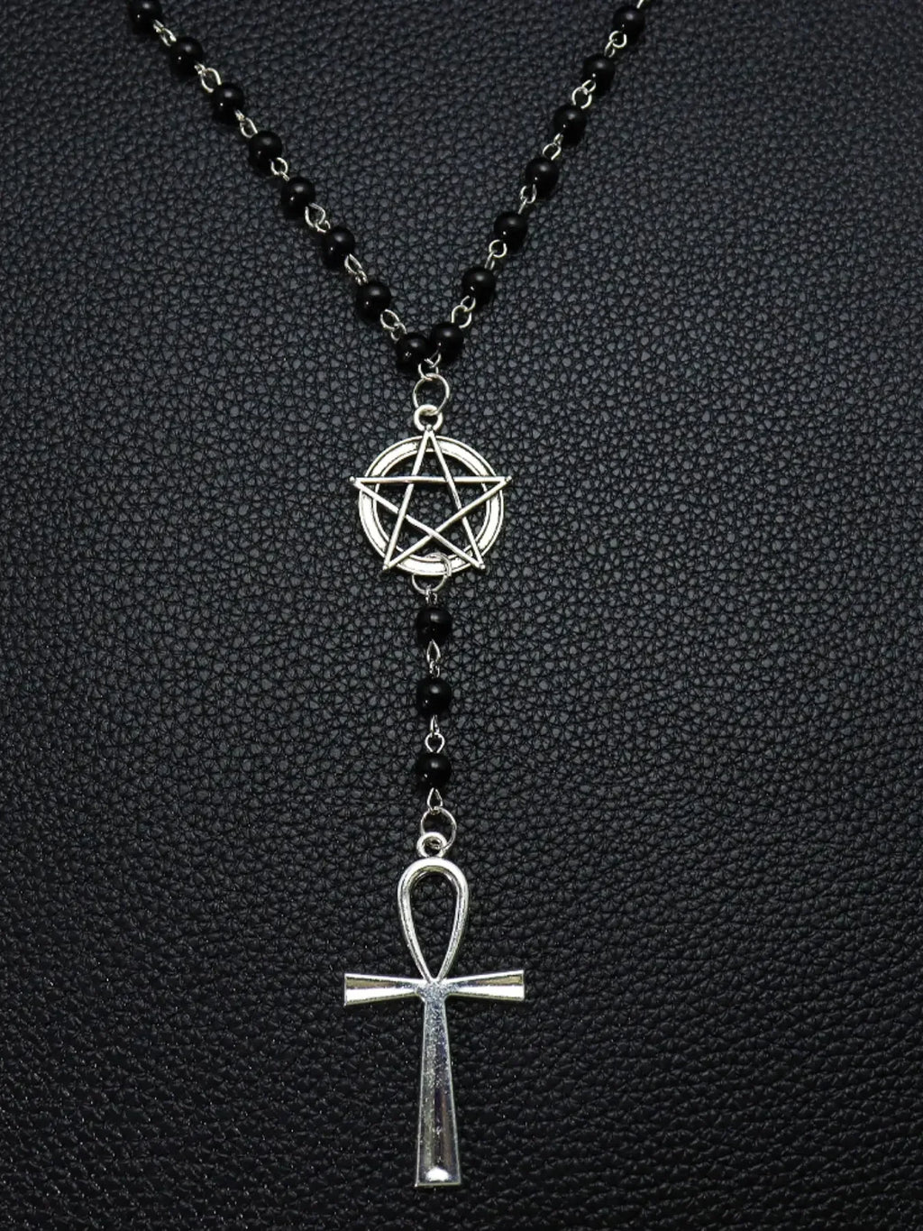 Gothic Pentagram Ankh Beaded Necklaces Black beaded chain with crow skull pendant. Ideal for goth girls, witchy aesthetic & alternative fashion. Edgy occult layering jewelry, stand out with dark vibe Gothic Mystery Jewelry Ac