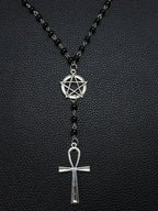 Gothic Pentagram Ankh Beaded Necklaces Black beaded chain with crow skull pendant. Ideal for goth girls, witchy aesthetic & alternative fashion. Edgy occult layering jewelry, stand out with dark vibe Gothic Mystery Jewelry Ac