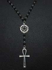 Gothic Crow Skull Pentagram Ankh Beaded Necklace — Black