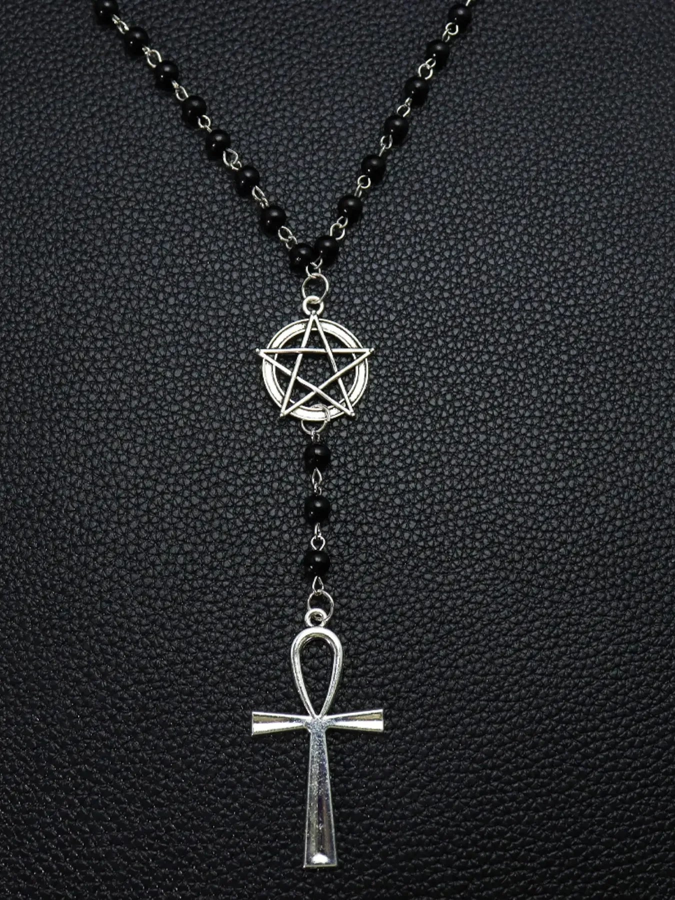 Gothic Pentagram Ankh Beaded Necklaces Black beaded chain with crow skull pendant. Ideal for goth girls, witchy aesthetic & alternative fashion. Edgy occult layering jewelry, stand out with dark vibe Gothic Mystery Jewelry Ac
