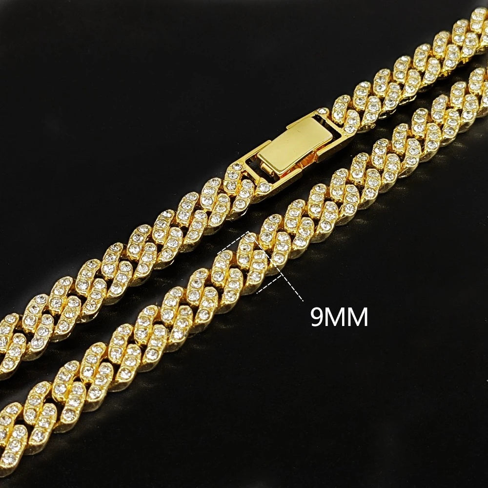 New 9MM Hip Hop Men Women Prong Cuban Link Chain Necklace Bling Iced Out 1 Row Rhinestone Paved Miami Cuban Chain