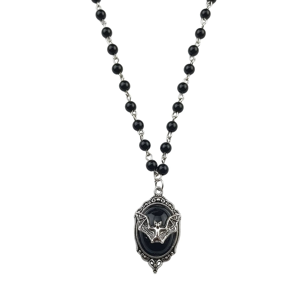 Gothic Bat Cross Rosary Necklace for Women Fashion Mystery Witch Jewelry Accessories Gift Silver Color Bat Charm Vampire Choker