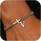 Men Cross Cuban Chain Bracelets for Men Initial A-Z Faith Cross Bracelets, Stainless Steel Initial Bracelet Religious