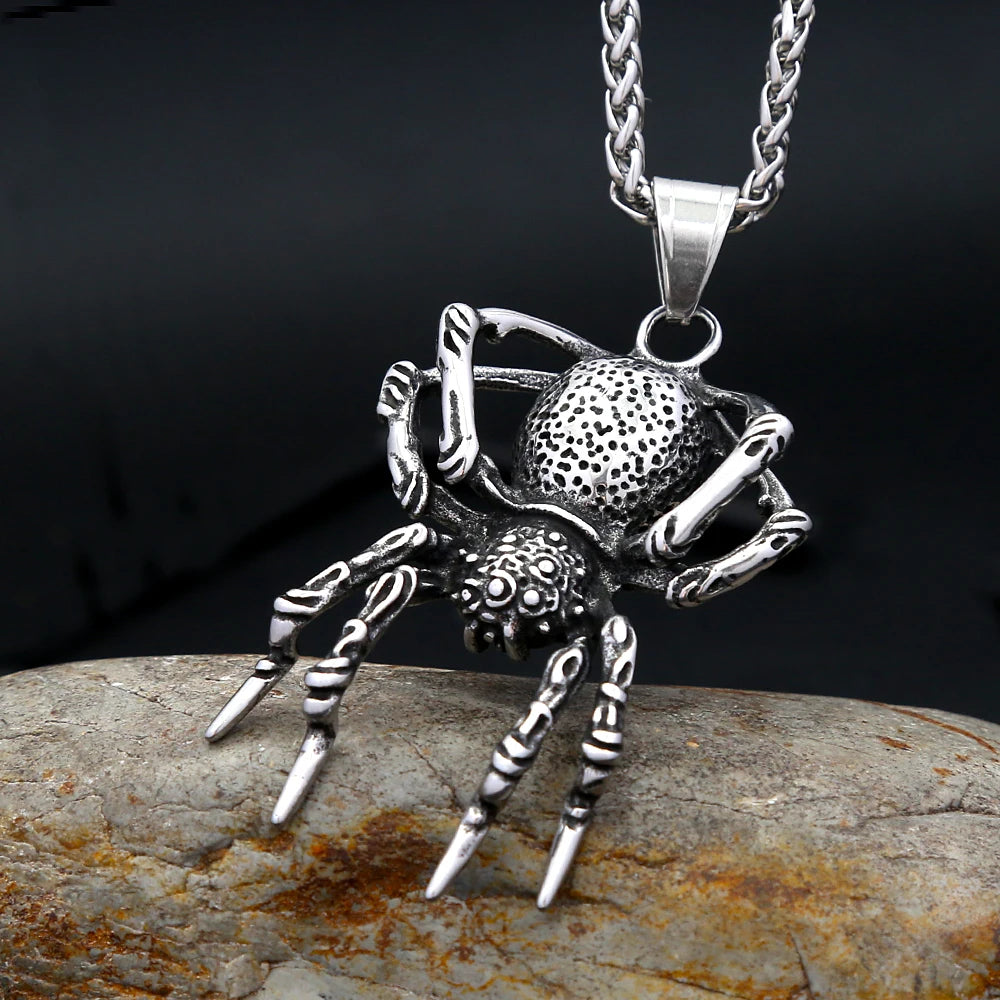 Vintage Gothic Spider Pendant Necklace Stainless Steel Punk Animal Necklace For Men Unique Biker Jewelry Gift