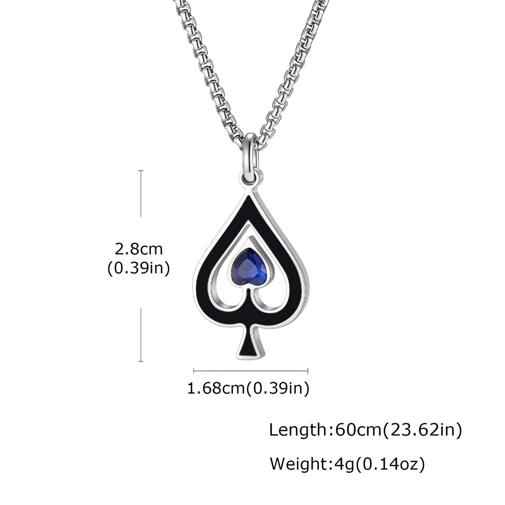Ace of Spades Necklace for Men,Blue Stone Stainless Steel Spade A Pendant Necklace,Hip Hop Punk Rocker Jewelry Gift