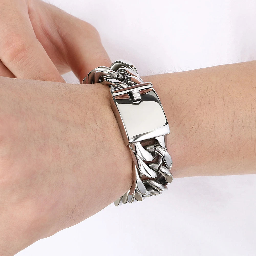 Matte Brushed Stainless Steel Men's Bracelets Black Gold Color 18MM Wide Cuban Link Chain Bracelet for Men Engraved