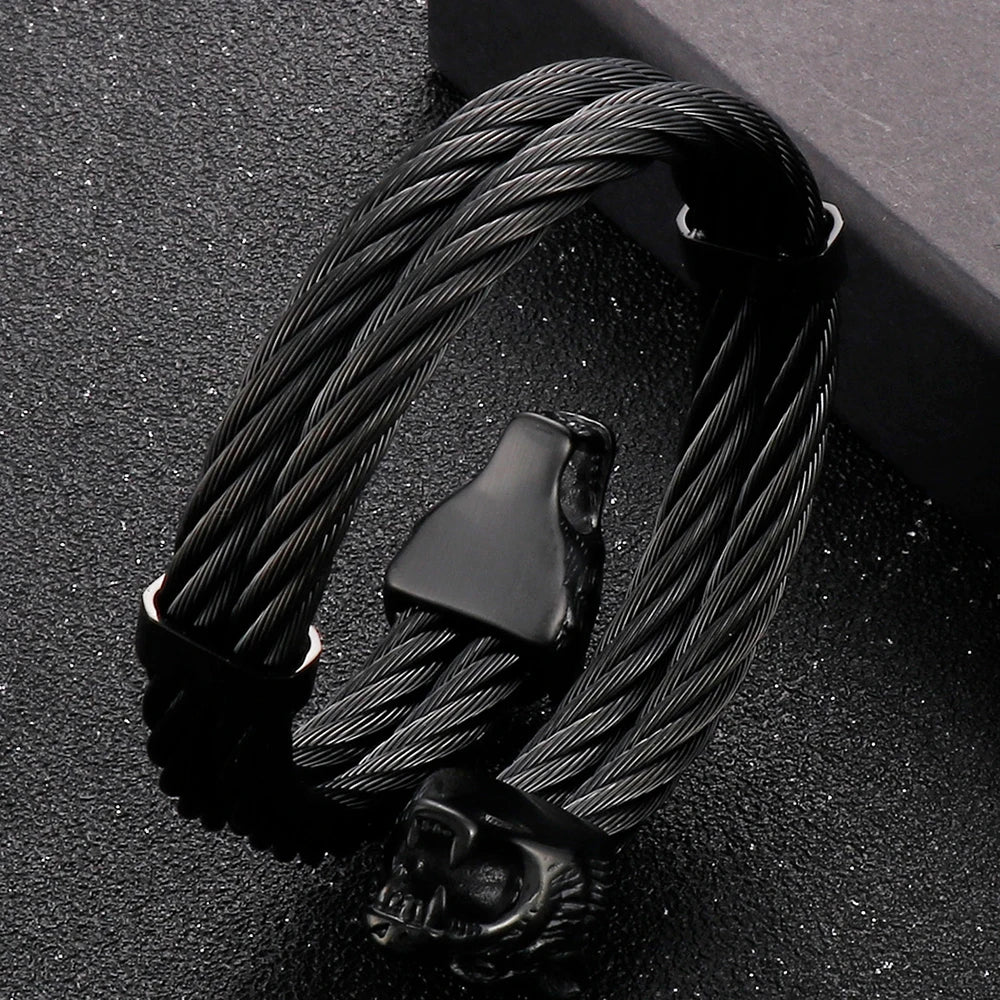 Viking Wolf Head Twisted Cable Open Cuff Bangle Bracelet For Men Stainless Steel Men's Bracelets Rock Roll Jewelry