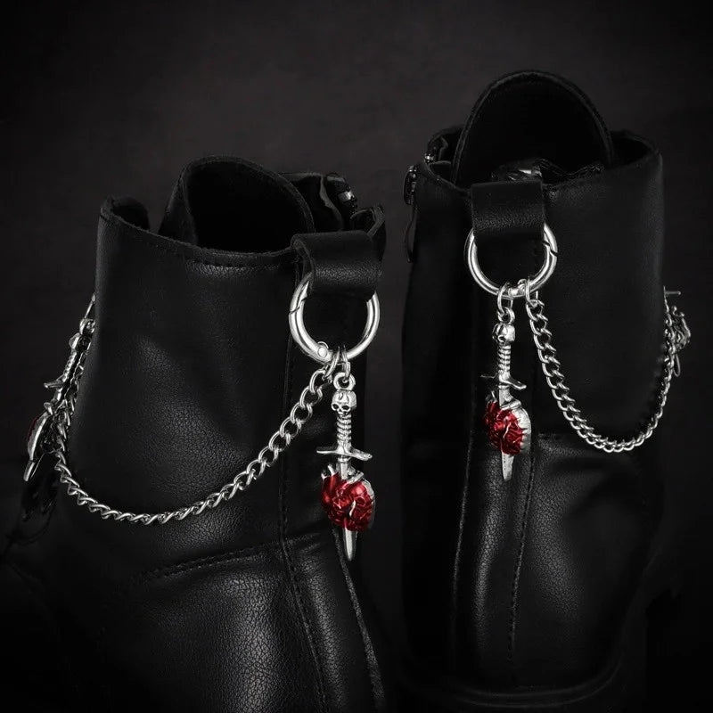 2Pcs Gothic Red Rose Sword Boots Chain Silver Metal Removable Shoe Chain Punk Boots Decorative Accessories Decoration