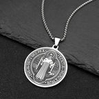 Saint Benedict Medallion Pendant Necklace for Women Men Stainless Steel Black Color Christian Spiritual Chain Jewelry N2588-6S02