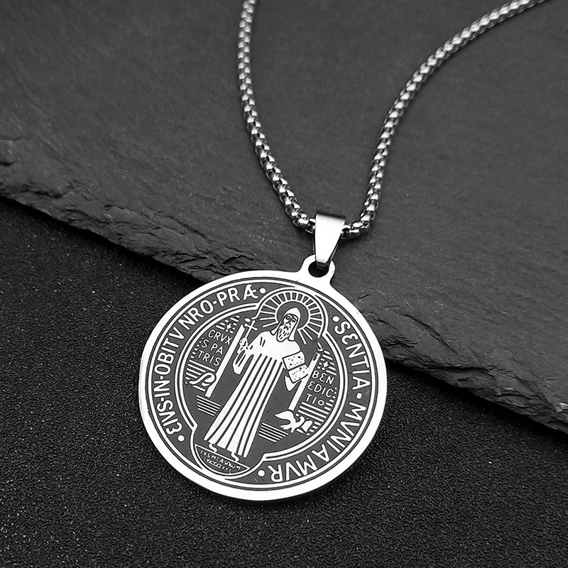 Saint Benedict Medallion Pendant Necklace for Women Men Stainless Steel Black Color Christian Spiritual Chain Jewelry N2588-6S02