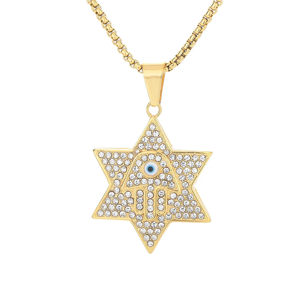 Hamsa Evil Eye Star of David Pendant Necklace — Gold-Tone Steel