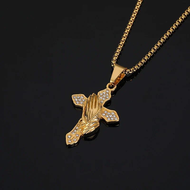 Iced Out Praying Hands Cross Pendant — Gold