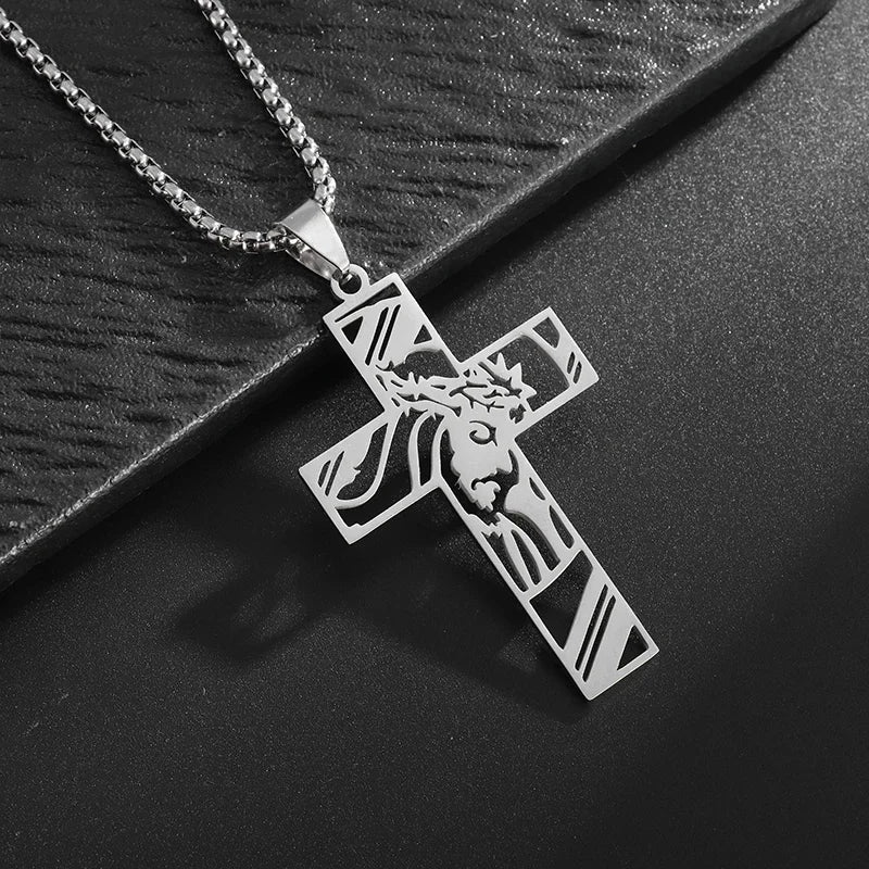 Vintage Christian Ice Crystal Jesus Head Pendant Necklace for Men and Women Cross Catholic Amulet Jewelry