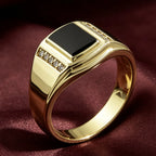 Fashion Luxury Golden Square Black Onyx Signet Ring for Men, Synthetic CZ Accent Vintage Business Masculine Jewelry