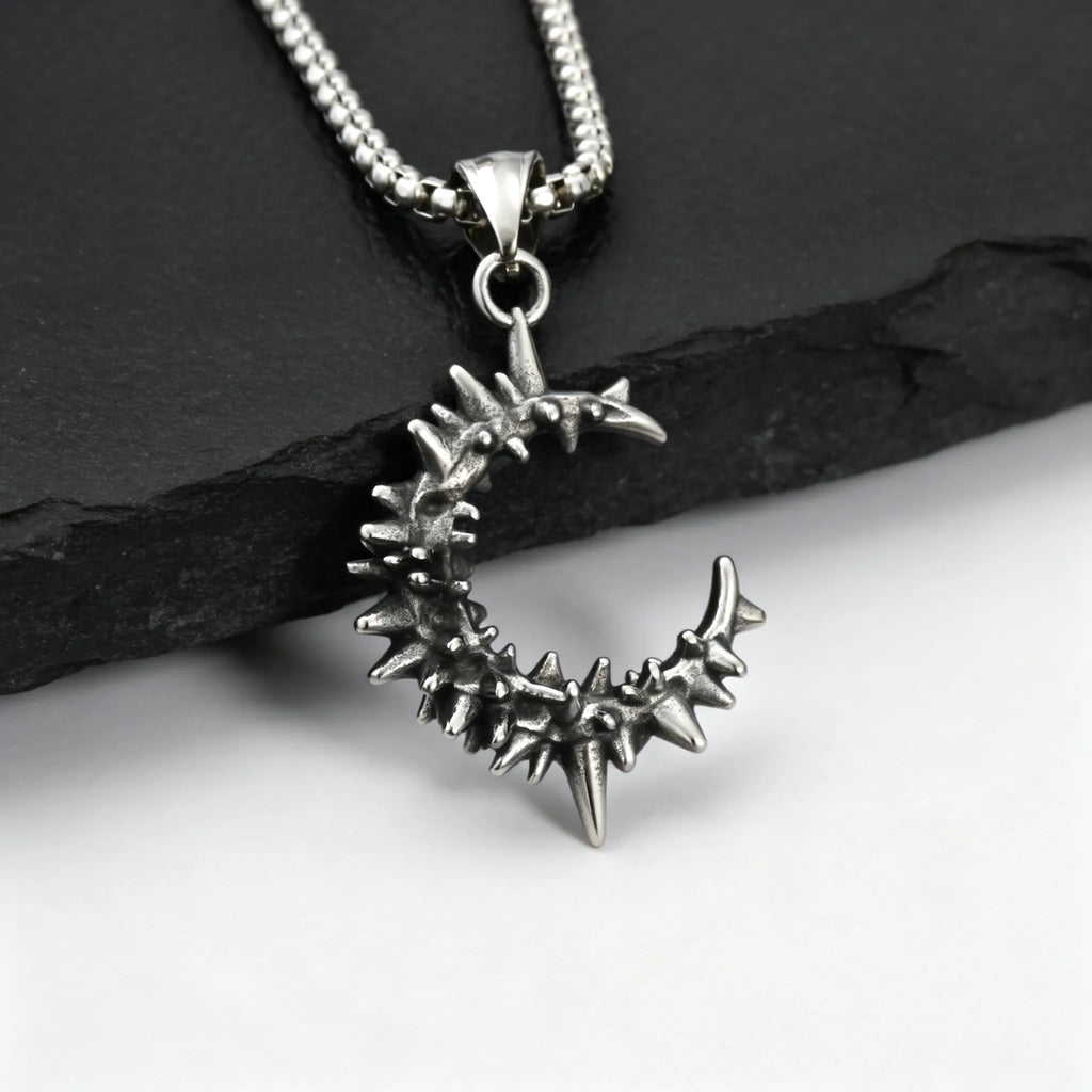 Gothic Thorn Moon Necklace for Men Boys,Vintage Stainless Steel C Shape Pendant Necklace,Birthday Party Jewelry Gift