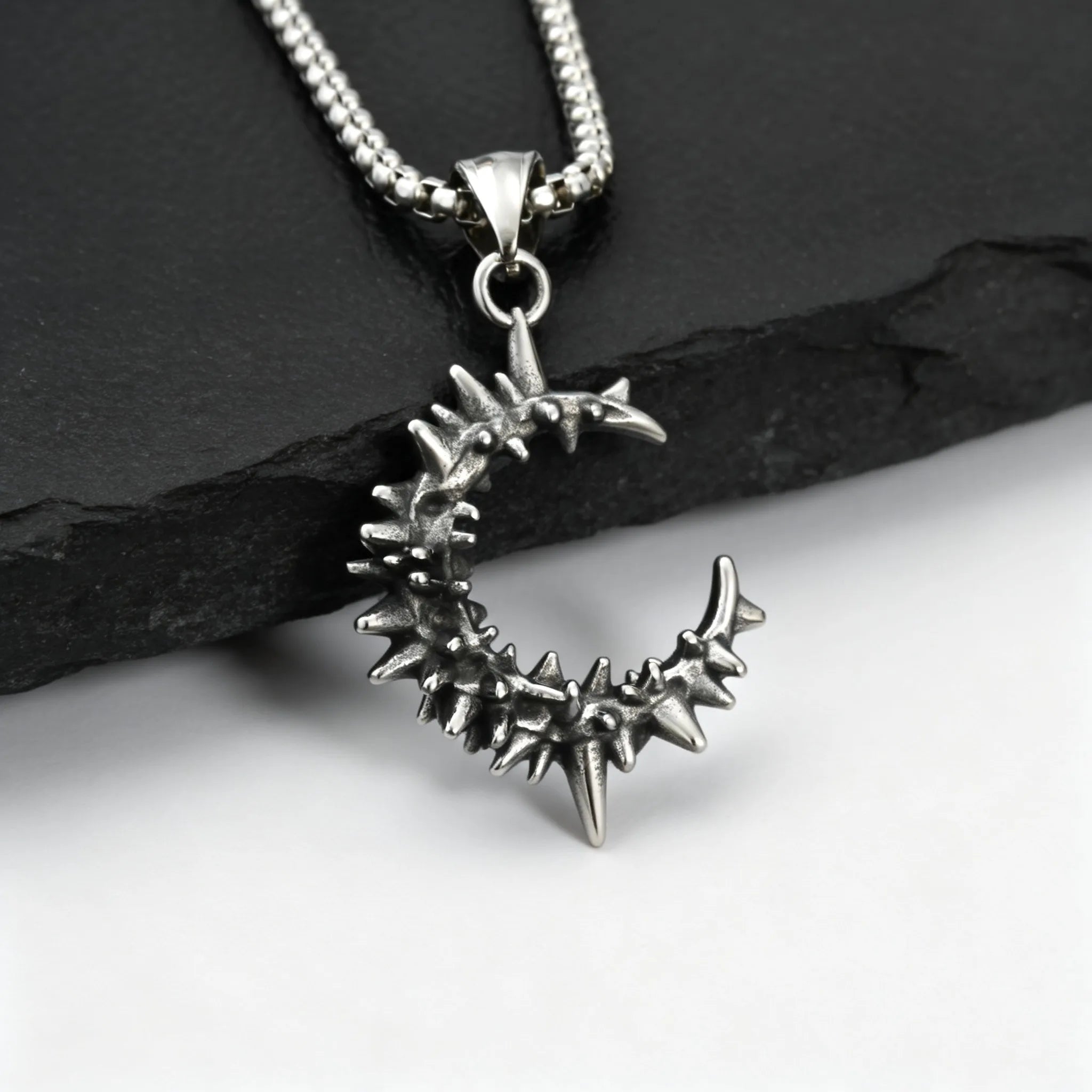 Gothic Thorn Moon Necklace for Men Boys,Vintage Stainless Steel C Shape Pendant Necklace,Birthday Party Jewelry Gift