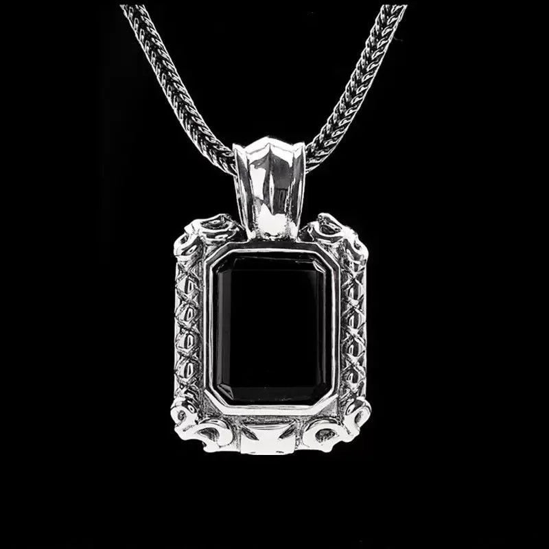 Classic Design Silver Inlaid Black Agate Pendant for Men Necklace Handsome and Domineering Keel Chain Charms Fashion Jewelry