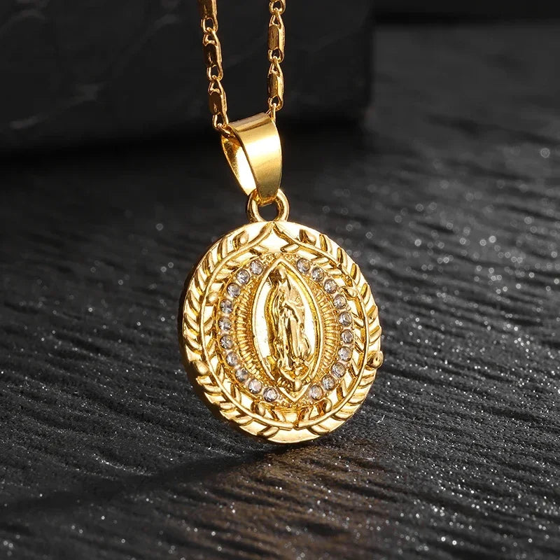 Virgin Mary Medal Iced Pendant Necklace