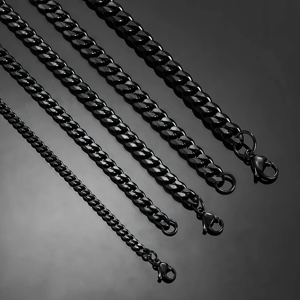 HIYEE 3mm/4mm/5mm/6mm/7mm/8mm Black Color Stainless Steel Cuban Link Chains Classic Men Boy Curb Chunky Necklace 14 to 30 Inches
