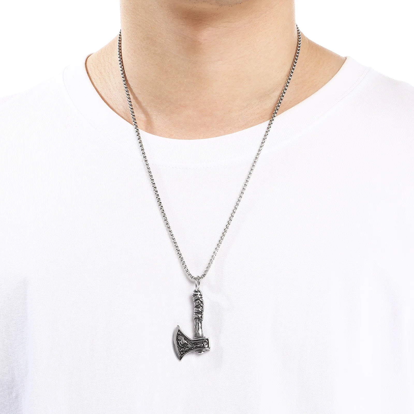 KALEN Stainless Steel 304 Nordic Viking Thor Hammer and Axe Crow Totem Pendant Necklace For Men - KP117768-LU