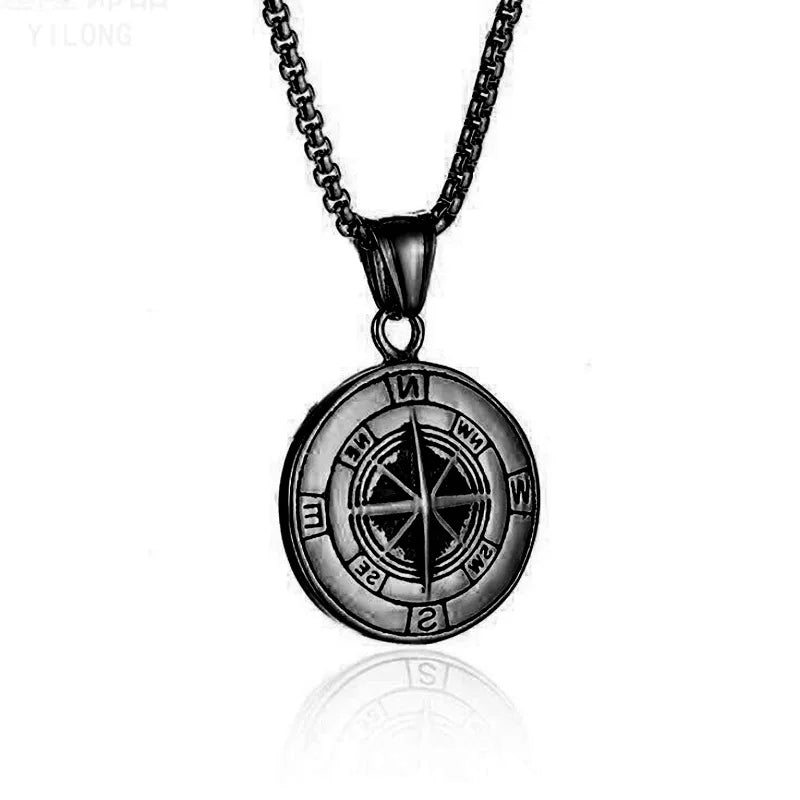 Viking Compass Pendant Necklace Silver Stainless Steel