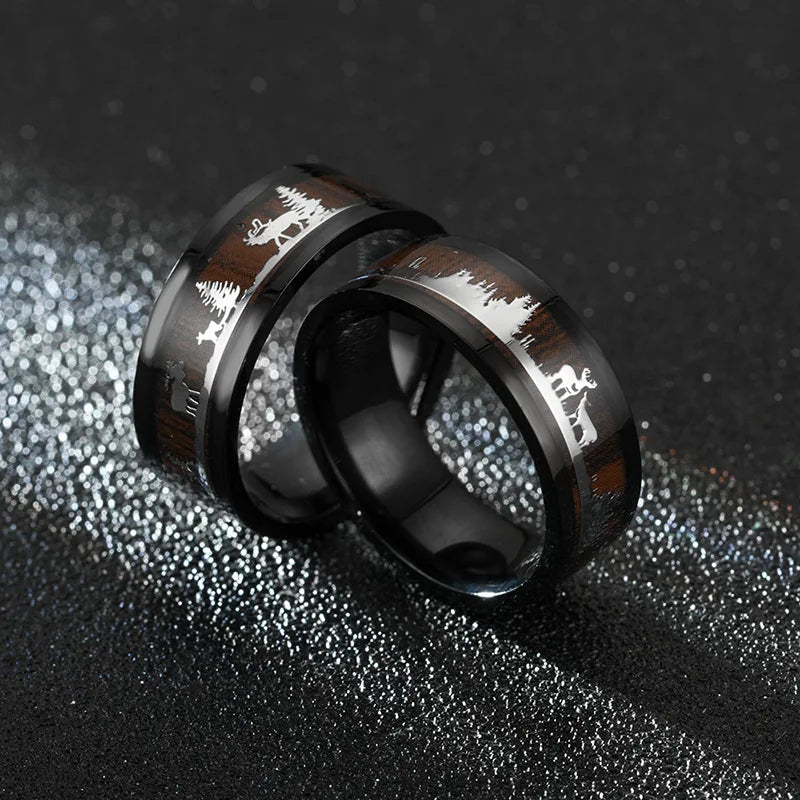 Black Inlaid Wood Grain Elk Christmas Tree Stainless Steel Couple Proposal Ring Animal Fashion Vintage Jewelry Christmas Gift