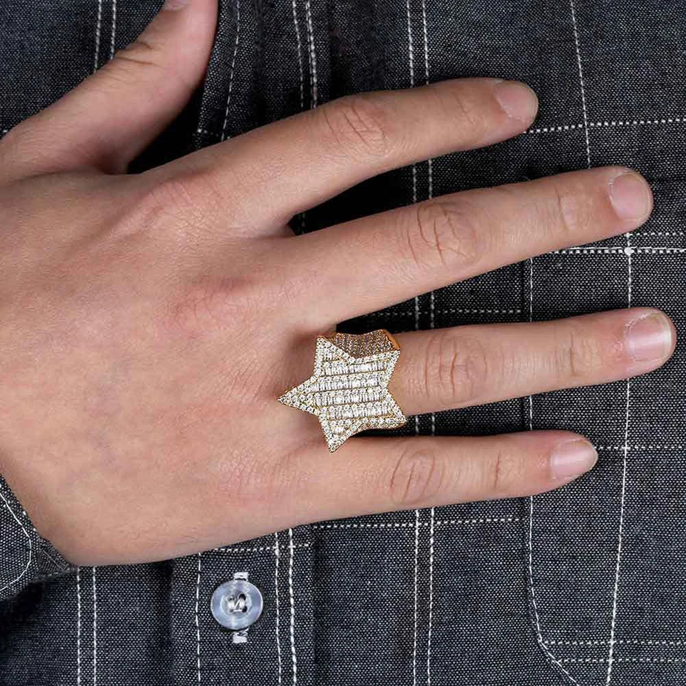 Gold Iced Out Pentagram Ring Statement