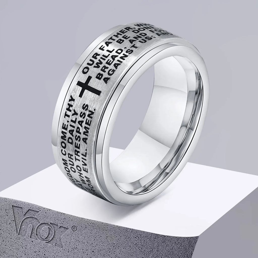 Vnox 8mm Spinner Cross Ring for Men, Bible Prayer Finger Band, Stress Release Stainless Steel Rotatable Ring, Faith