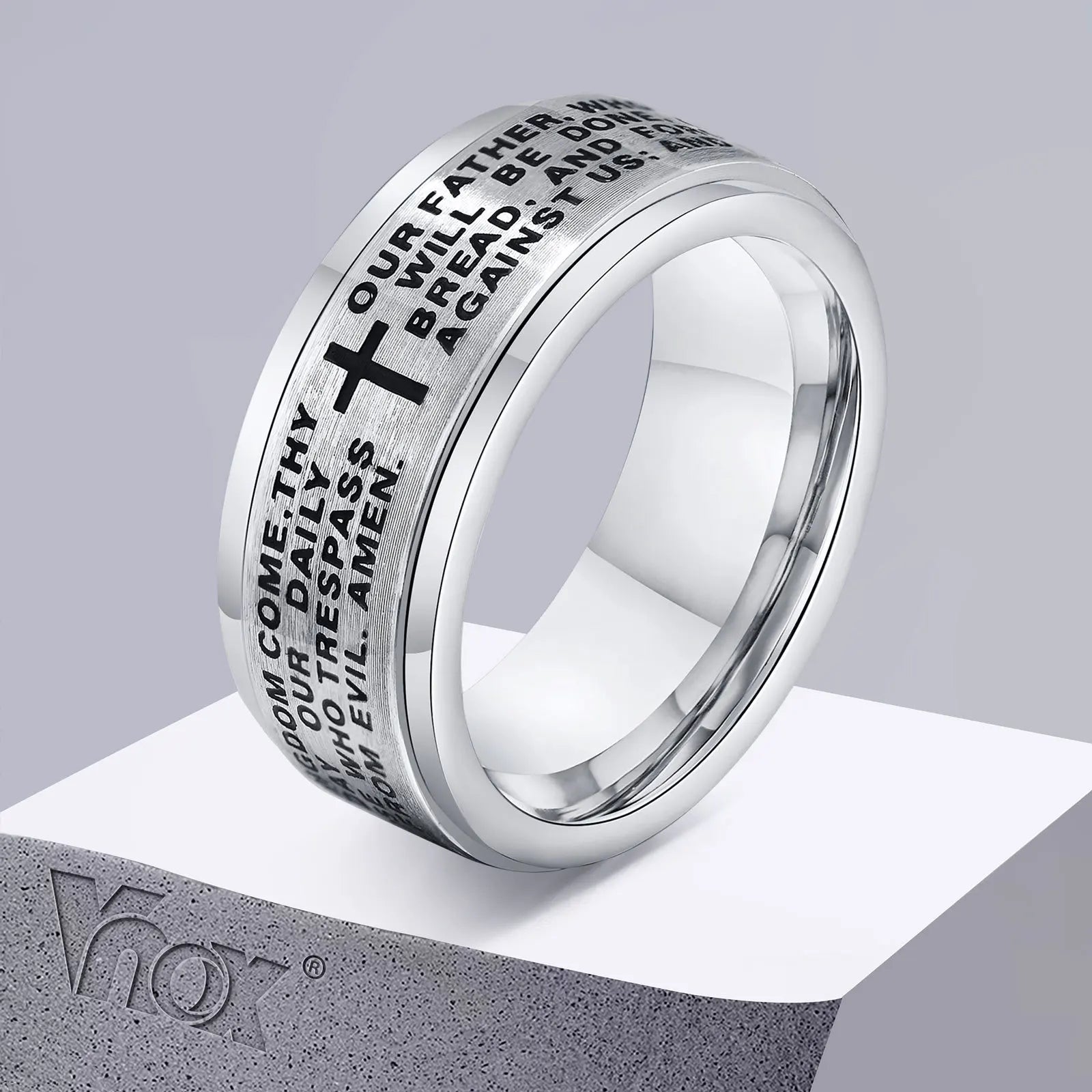 Vnox 8mm Spinner Cross Ring for Men, Bible Prayer Finger Band, Stress Release Stainless Steel Rotatable Ring, Faith