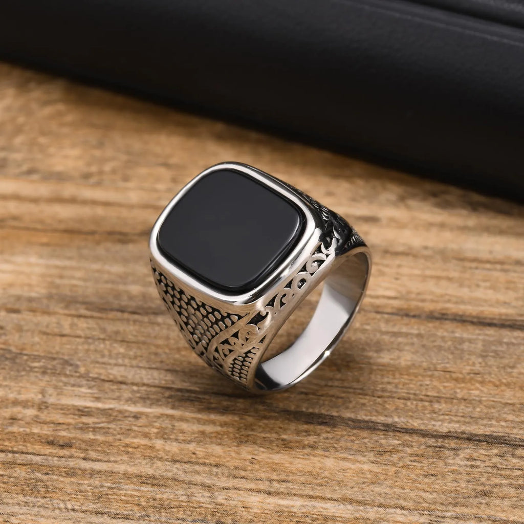 Onyx Stone Signet Pinky Ring — Stainless Steel