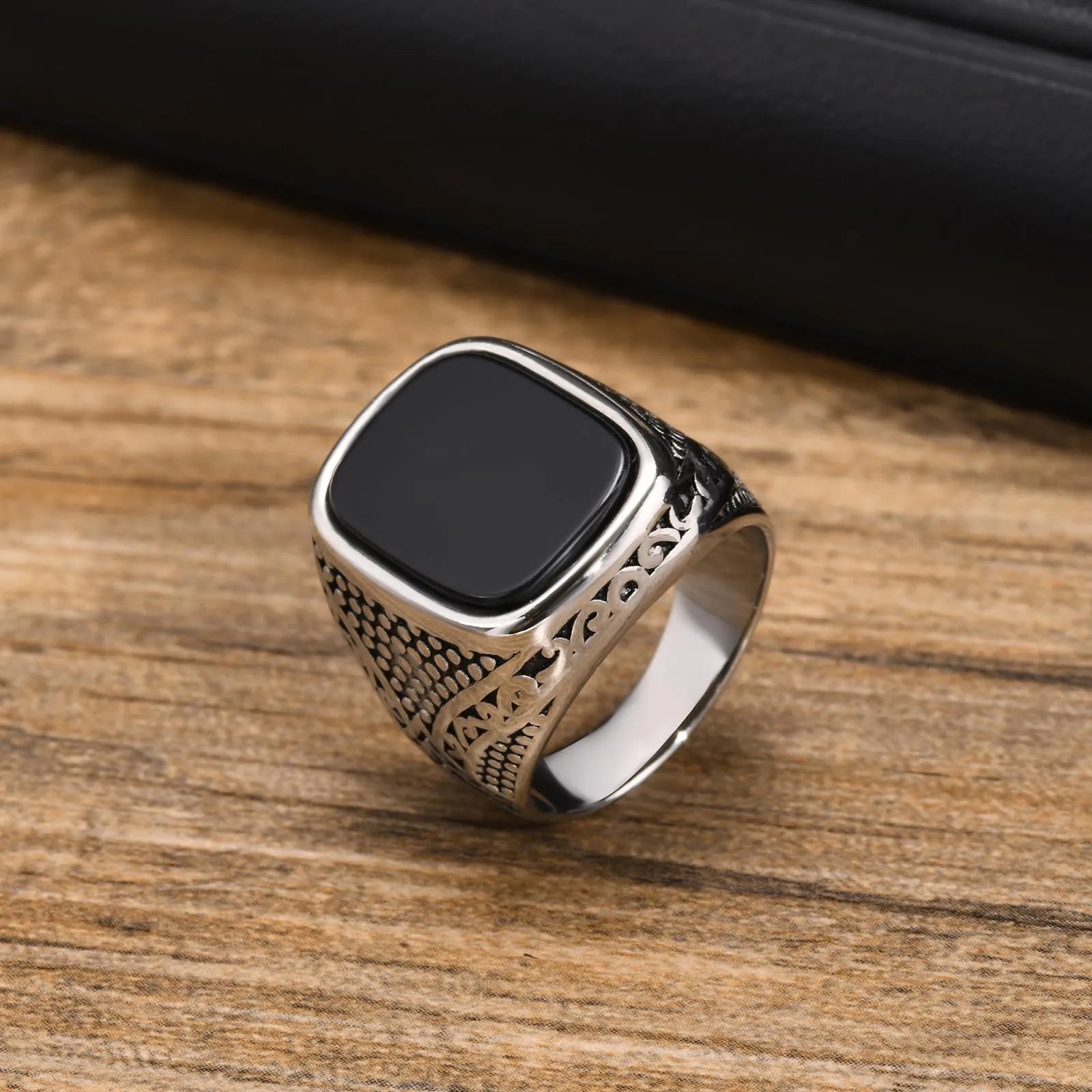 Onyx Stone Signet Pinky Ring — Stainless Steel
