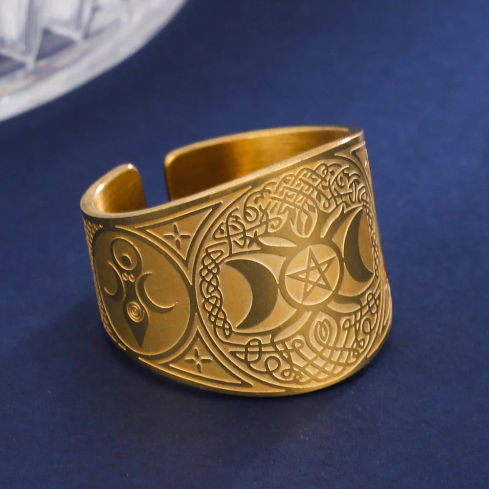 LIKGREAT Amulet Protection Ring Tetragrammaton Pentagram Finger Rings for Men Women Stainless Steel Jewely Witchcraft Pagan Gift