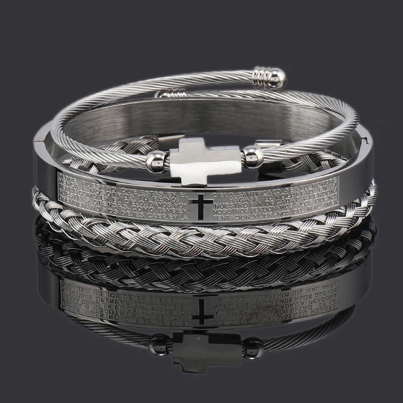 Open Carving Spanish Scripture Cross Bracelet — Stainless Steel